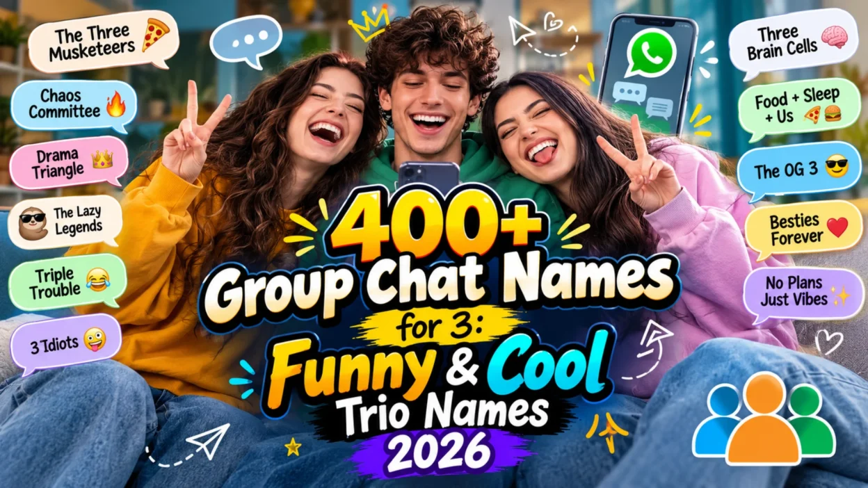 400+ group chat names for 3 featuring three friends smiling with funny and cool trio name ideas for 2026