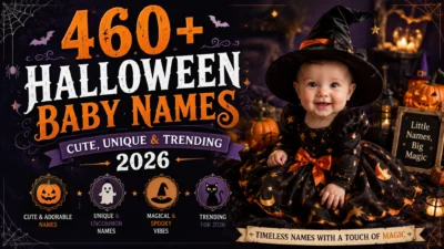 Smiling baby in a Halloween witch costume with 460+ Halloween baby names for 2026 cover design