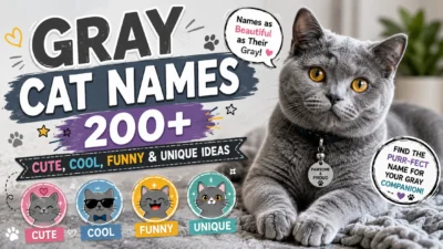 200+ gray cat names with cute, cool, funny and unique ideas featuring a beautiful gray cat with amber eyes