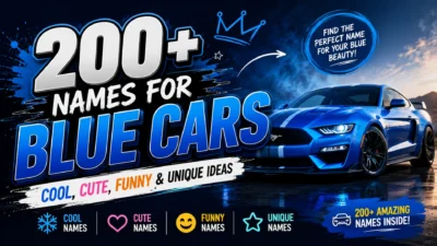 200+ names for blue cars with cool, cute, funny, and unique ideas beside a sleek blue sports car
