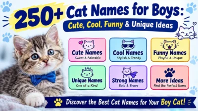 250+ cat names for boys with cute, cool, funny and unique name ideas beside a playful kitten