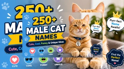 250+ male cat names with cute, cool, funny and unique ideas beside an orange tabby cat