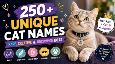 250+ unique cat names with rare, creative and uncommon ideas beside a stylish tabby cat