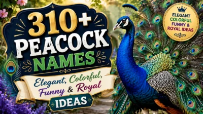 310+ peacock names featuring an elegant colorful peacock with royal feather-inspired design