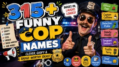 315+ funny cop names with a playful police officer, badges, and clever name ideas