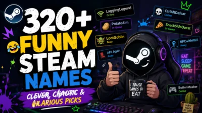 320+ funny Steam names with a playful gamer wearing headphones at a colorful gaming setup