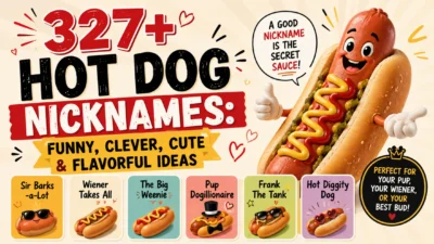 327+ hot dog nicknames with funny, cute, clever, and flavorful ideas in a playful graphic