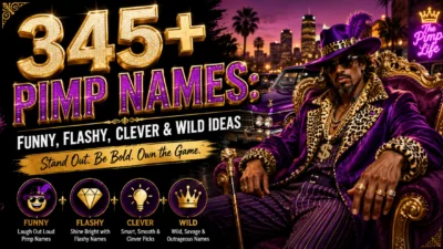 345+ pimp names in funny, flashy, clever, and wild styles with a bold purple and gold theme