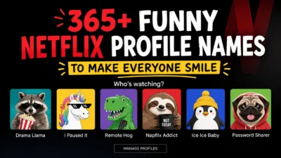 365+ funny Netflix profile names with playful avatars and a colorful streaming-themed design