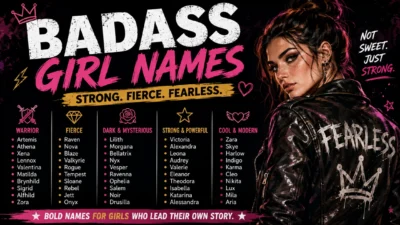 Badass girl names graphic featuring strong, cool, fierce, and unique name ideas