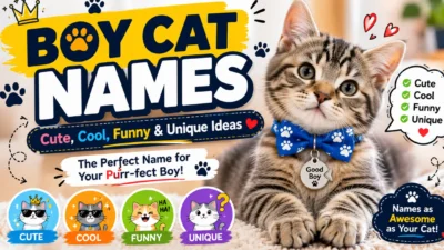 Boy cat names with cute, cool, funny and unique ideas featuring an adorable tabby kitten in a blue bow tie