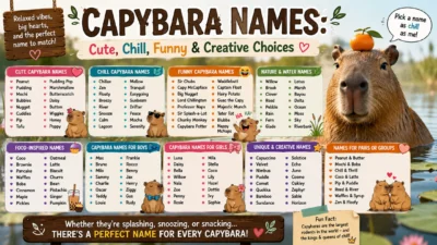 Capybara names infographic with cute, chill, funny, food-inspired, and creative name ideas