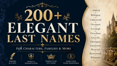 A refined navy and gold graphic featuring 200+ elegant last names for characters, families, and creative naming ideas. The classic typography, ornate details, and stately mansion create a sophisticated and timeless feel.
