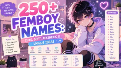 250+ femboy names with cute, soft, aesthetic, and unique ideas in a pastel anime-inspired design