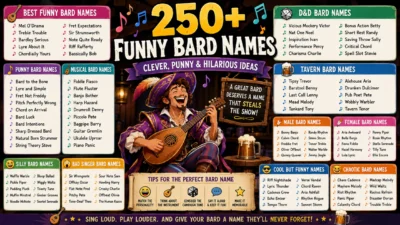 250+ funny bard names with clever, punny, D&D, musical, tavern, and chaotic ideas