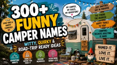 300+ funny camper names with a colorful camper, mountain campsite, and playful road-trip theme