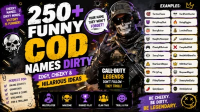 funny COD names dirty with edgy, cheeky ideas and a masked gamer in a bold gaming poster