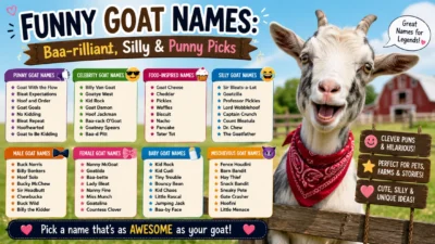 Funny goat names with clever puns, cute ideas, food names, and playful goat characters