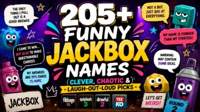 205+ funny Jackbox names with colorful game characters and playful speech bubbles