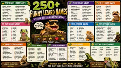 250+ funny lizard names with clever, cute, punny, food-inspired, and hilarious ideas