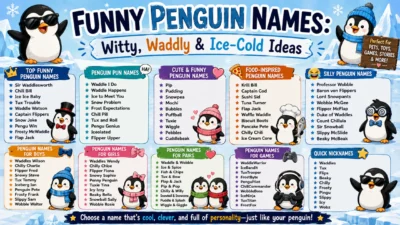Funny penguin names with witty puns, cute ideas, food themes, silly picks, and gaming names