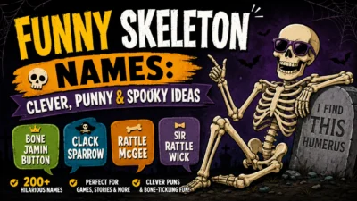 Funny skeleton names poster with clever, punny, and spooky name ideas for games, stories, and more