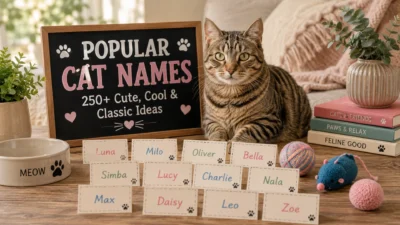 Popular cat names with a cute tabby cat, name cards, toys, and cozy home decor