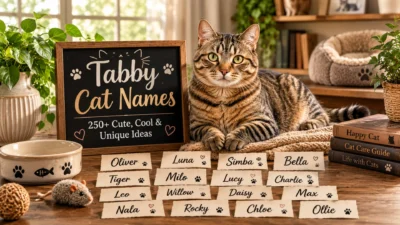 Charming tabby cat beside stylish cards with cute and unique tabby cat name ideas