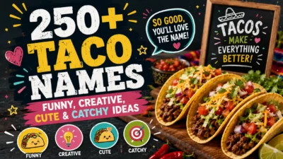 250+ taco names with funny, creative, cute, and catchy ideas featuring colorful tacos and toppings