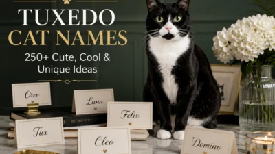 Elegant tuxedo cat sitting beside stylish tuxedo cat name cards