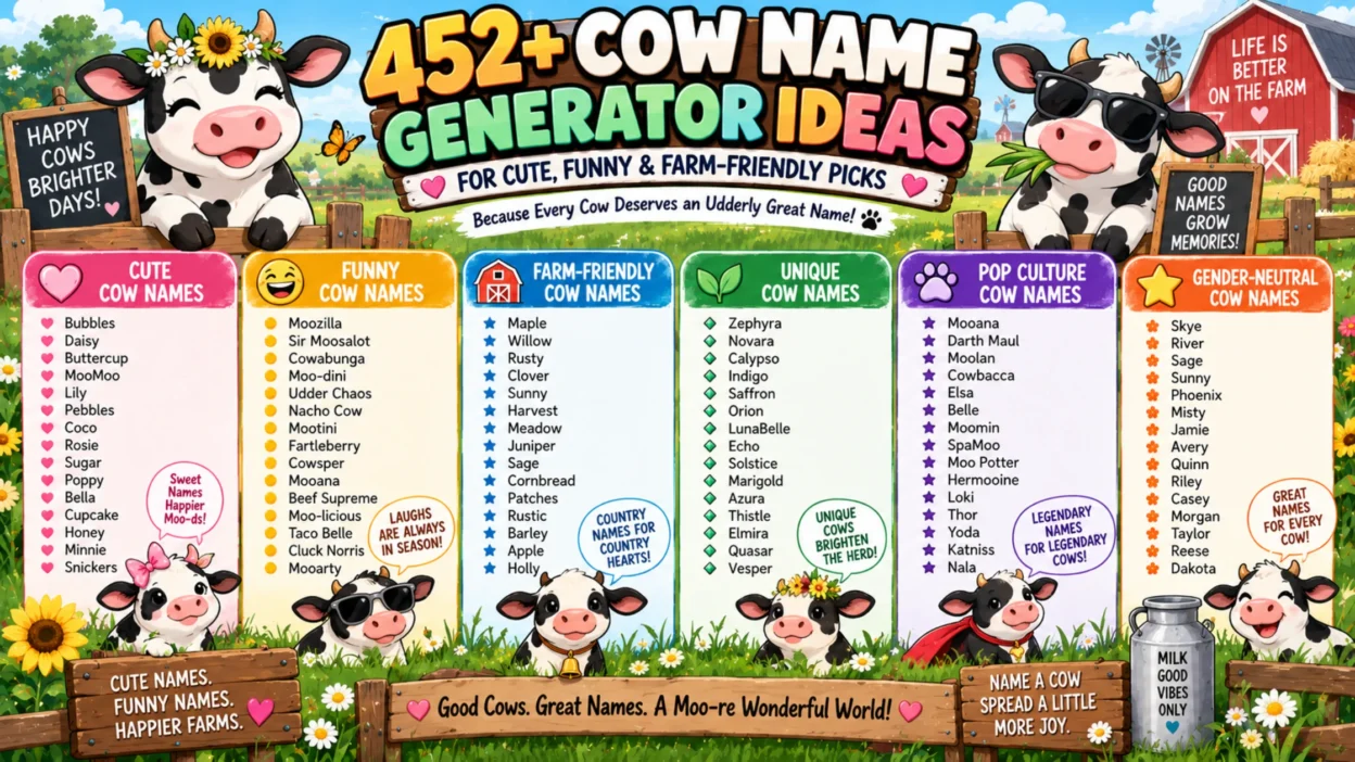 452+ cow name generator ideas with cute, funny, farm-friendly, unique, and pop culture picks