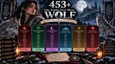 453+ girl names that mean wolf for fierce, wild, mysterious, mythical, and powerful characters.